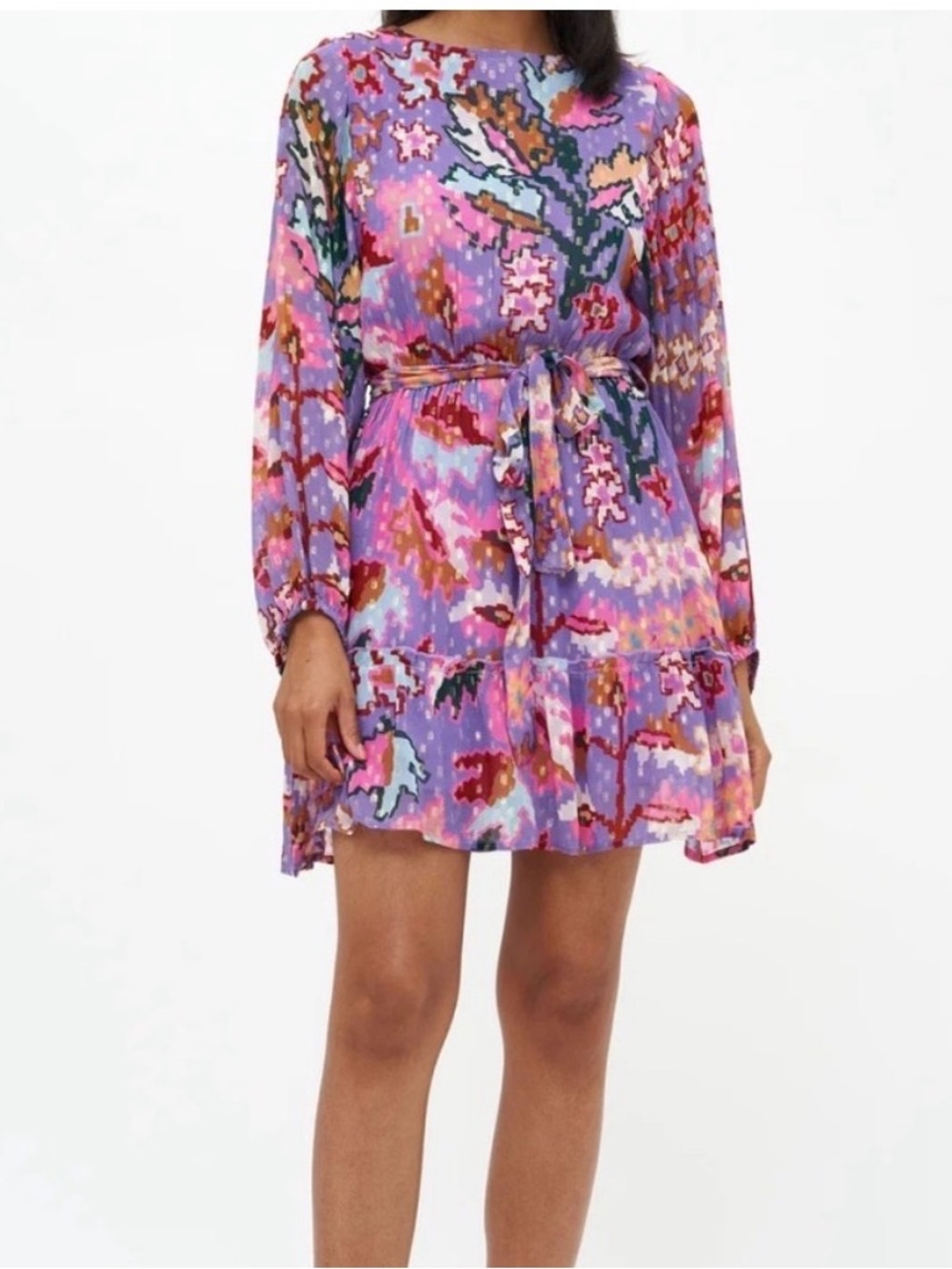 Oliphant Purple Floral Print Tie-Waist Mini Dress